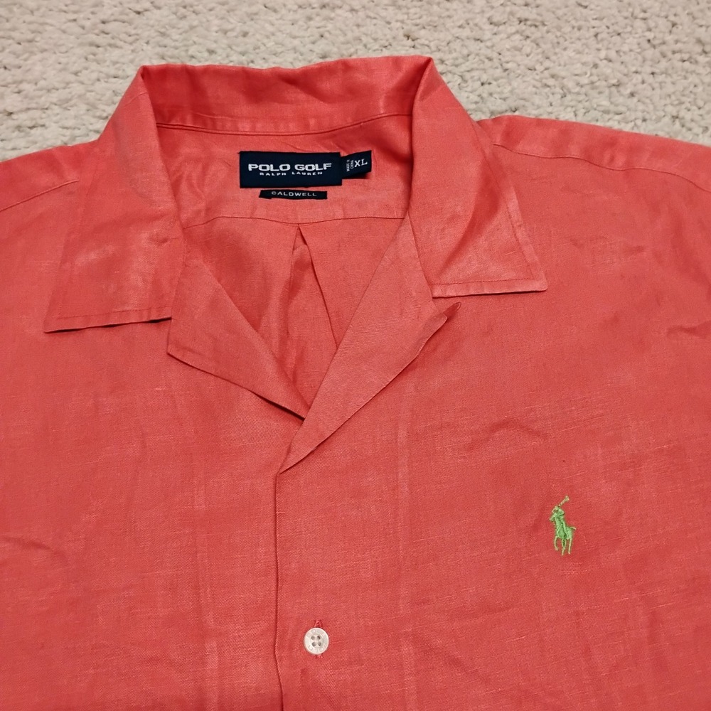 VTG Polo Ralph Lauren Caldwell Shirt Men XL (27x33) Loop Collar Silk Linen Pony